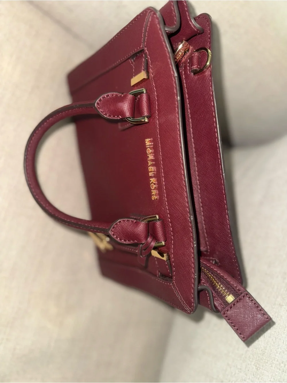 Michael Kors Bordeaux Saffiano Leather Satchel with Gold Hardware